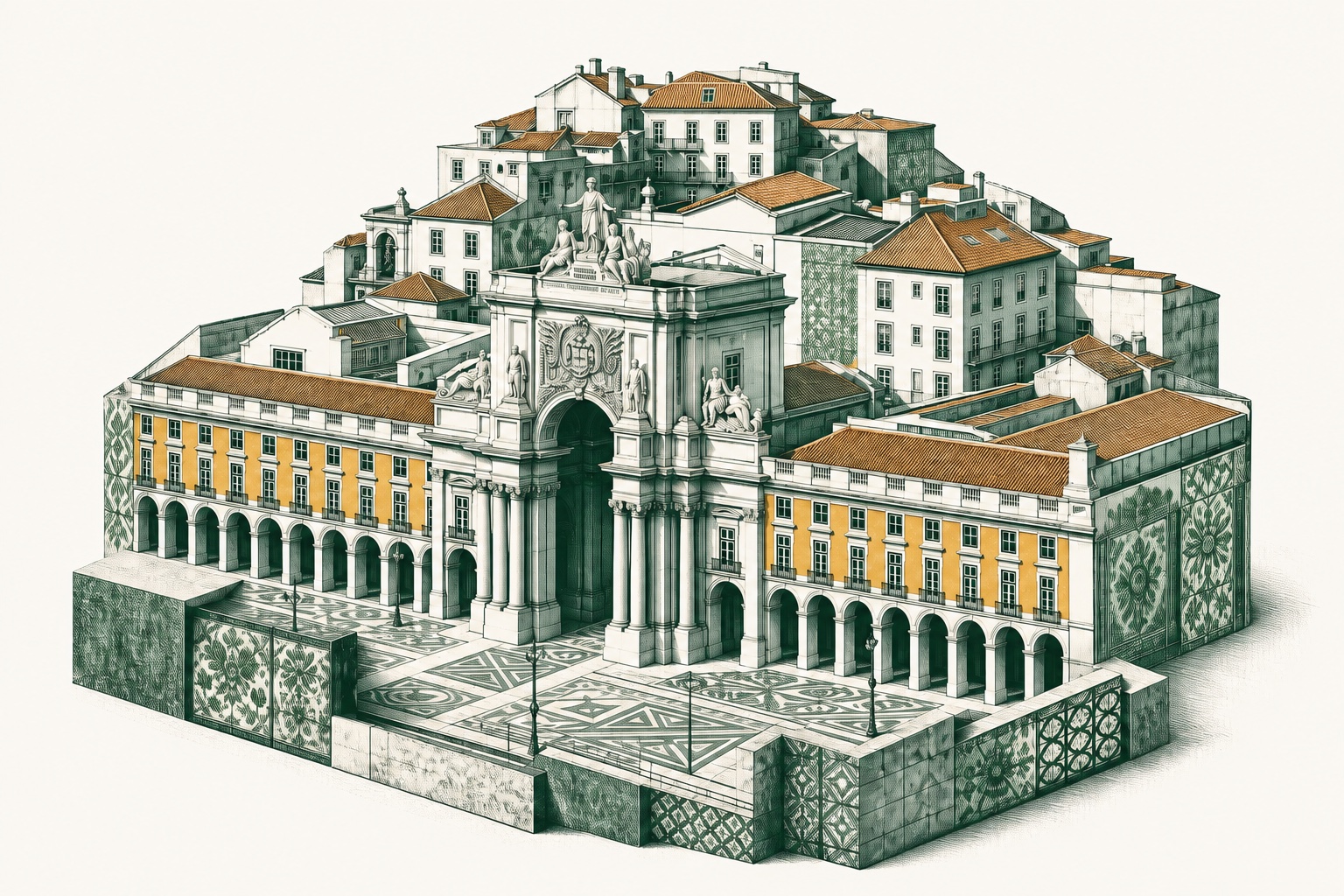 Forest green and gold illustrated diorama of Lisbon’s Rua Augusta arch and tiled buildings